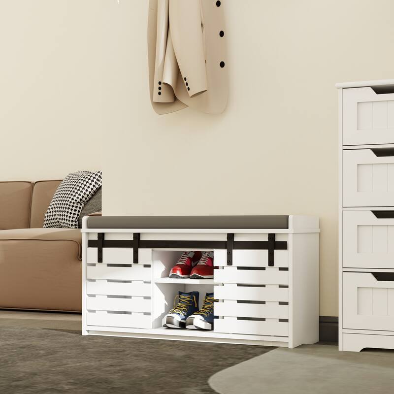 Modern Shoe Storage Bench, 2-Tier Entryway Bench with 2 Sliding Barn Doors