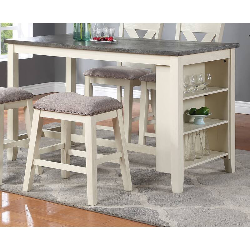 5 Piece Counter Height Dining Table Set, Wooden Kitchen Breakfast Table Set with Storage Shelves, 2 High Chairs & 2 Stools