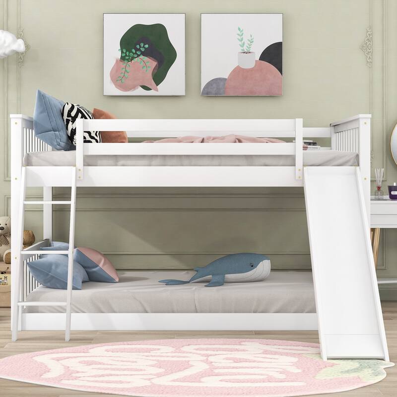 Full Solid Wood Low Bunk Bed with Slide