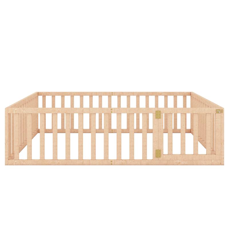 Queen Size Wooden Floor Bed Frame with Safety Fence and Play Door