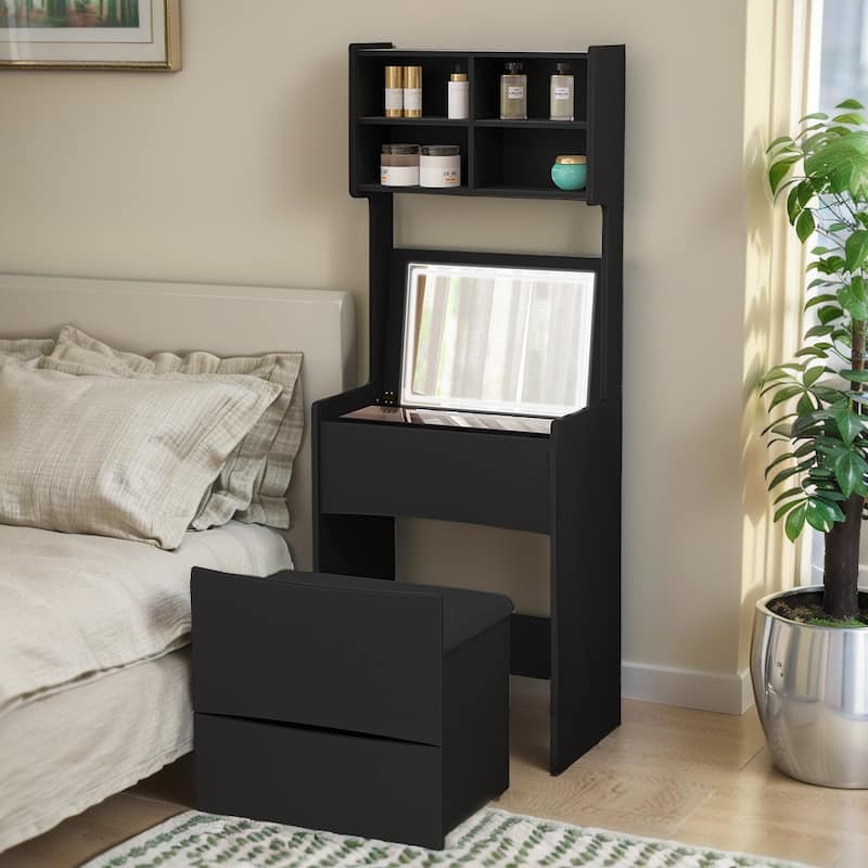 Makeup Vanity Table with Flip Top LED Illuminated Mirror & Stool - Black