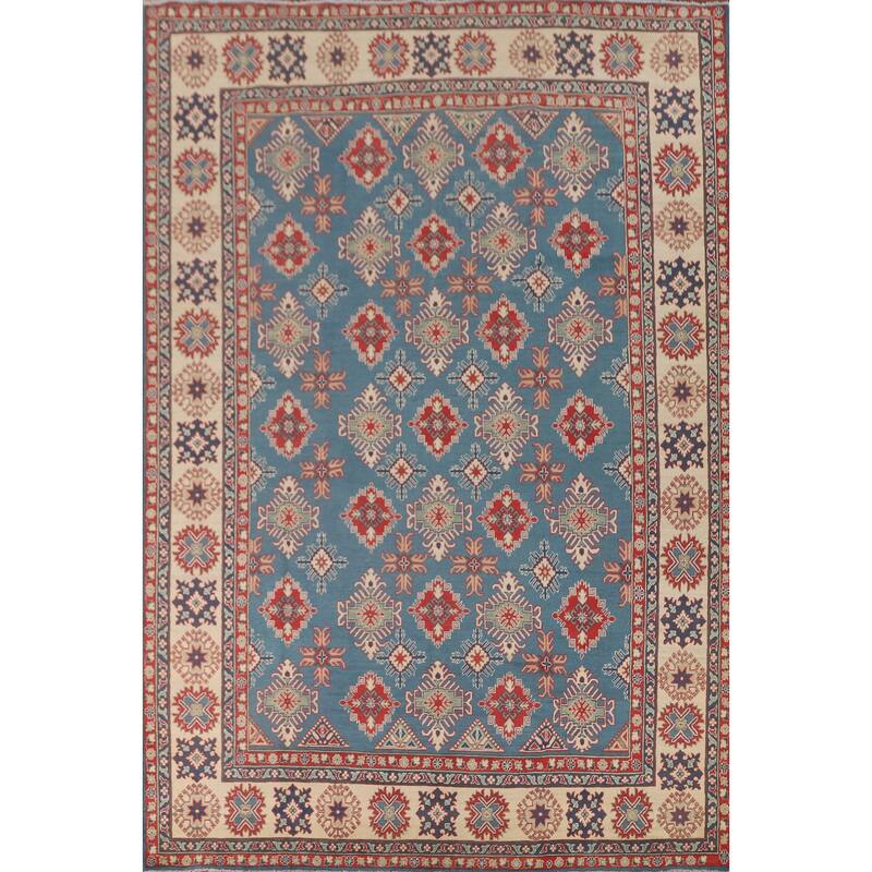 Blue Geometric Kazak Area Rug Handmade Traditional Wool Carpet - 8'2" x 11'6"