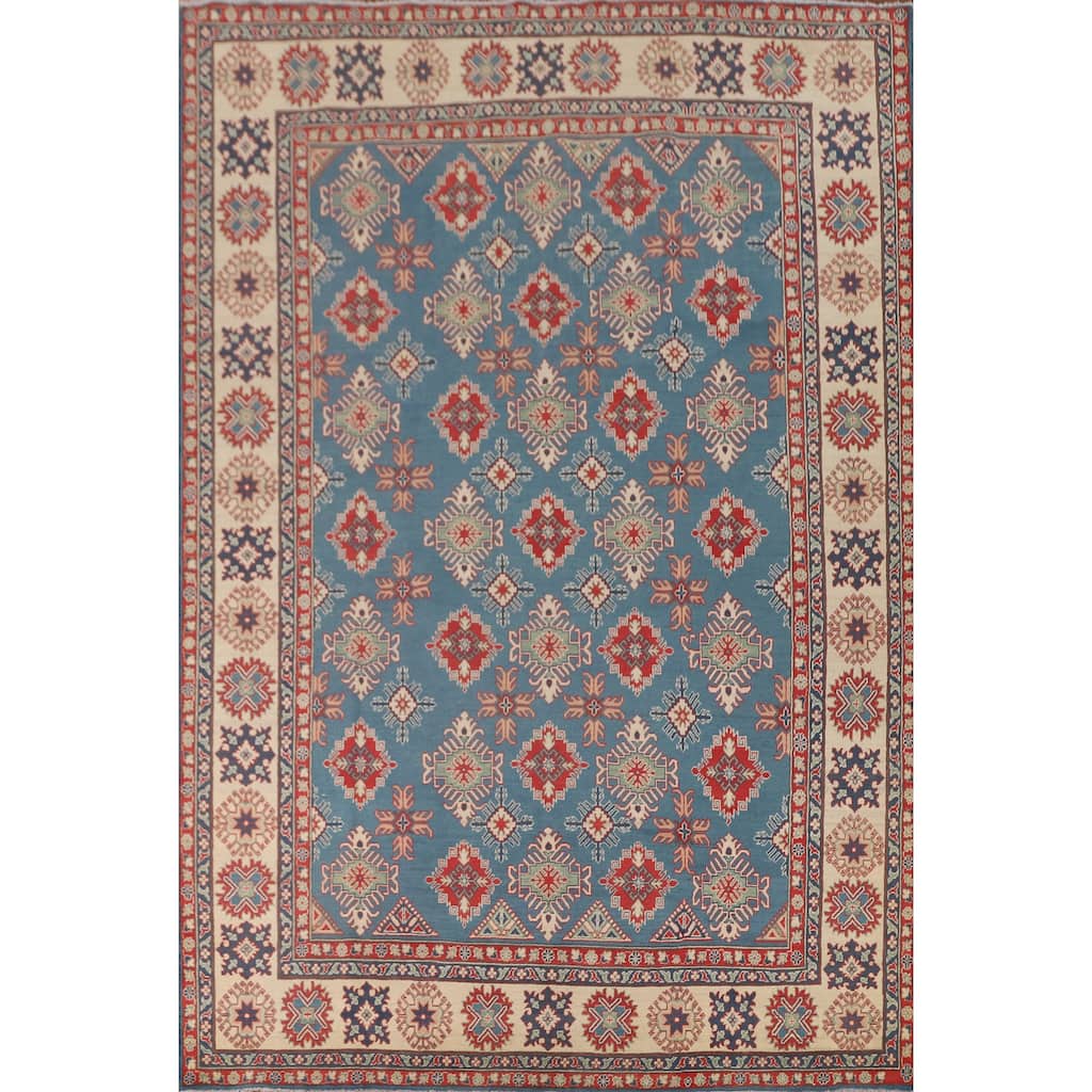 Blue Geometric Kazak Area Rug Handmade Traditional Wool Carpet - 8'2" x 11'6"