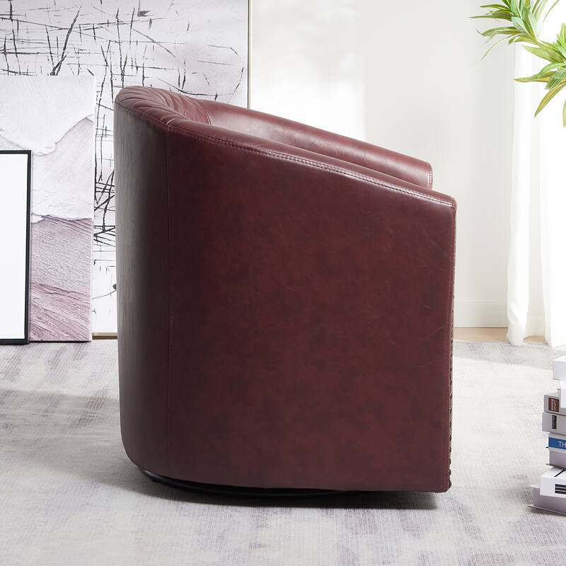 KINWELL 29" Wide Tufted PU Leather Swivel Barrel Chair
