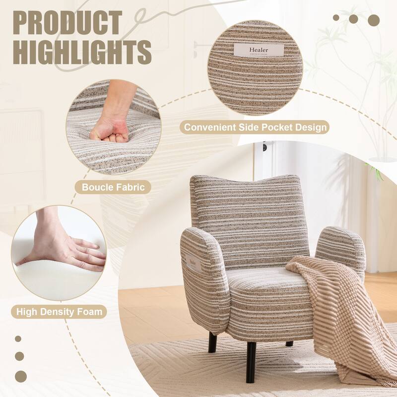Modern style armchair with sanded fabric, Side storage pocket, Solid wood legs, Comfortable reading chair for living room