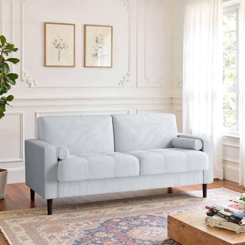 Modern Corduroy Upholstered Loveseat with Bolster Pillows and Wood Legs - Beige