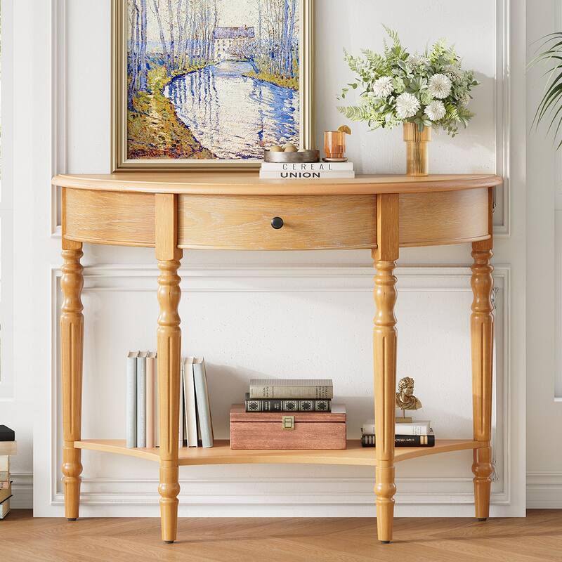 Farmhouse Half Moon Console Table with Drawer & Shelf - Rustic Accent Table