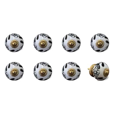 Set of 8 Blue and White Ceramic Drawer Knobs with Gold Finish, Hand Painted Floral Cabinet Pulls - 1.5” x 1.5” x 1.5”