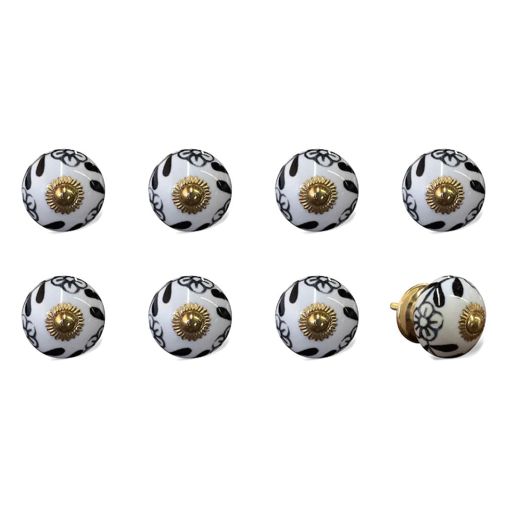 Set of 8 Blue and White Ceramic Drawer Knobs with Gold Finish, Hand Painted Floral Cabinet Pulls - 1.5” x 1.5” x 1.5”