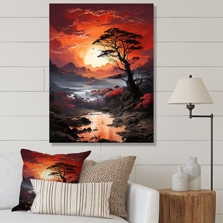 Designart "Pine Tree Crimson Serenade I" Tree Pine Canvas Art Print ...