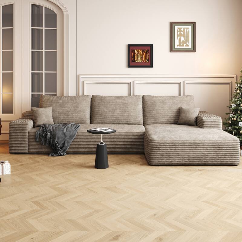 Cloud Sectional Couch with L-Shaped Chaise, Modular 3 Seat Corner Sectional Sofa, Corduroy Upholstered Sleeper Sofa - Camel