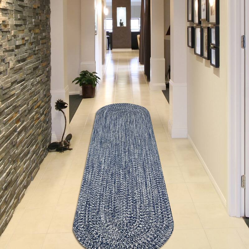 Superior Modern Rustic Bohemian Reversible Multi-Tone Braided Indoor Outdoor Area Rug - 2' x 8' Oval Runner - Denim Blue-White