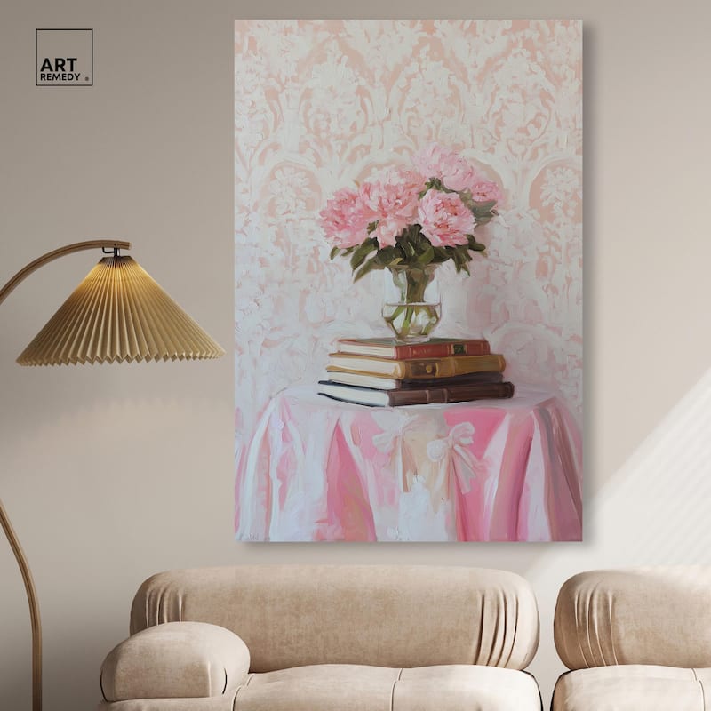 Pink Peonies on Books Canvas by Art Remedy, Gallery Wrapped
