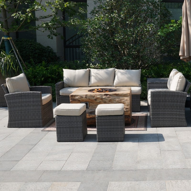 7-piece Patio Wicker Garden Chat Sofa Set with Fire Pit Table and Storage Box - Grey-Rec