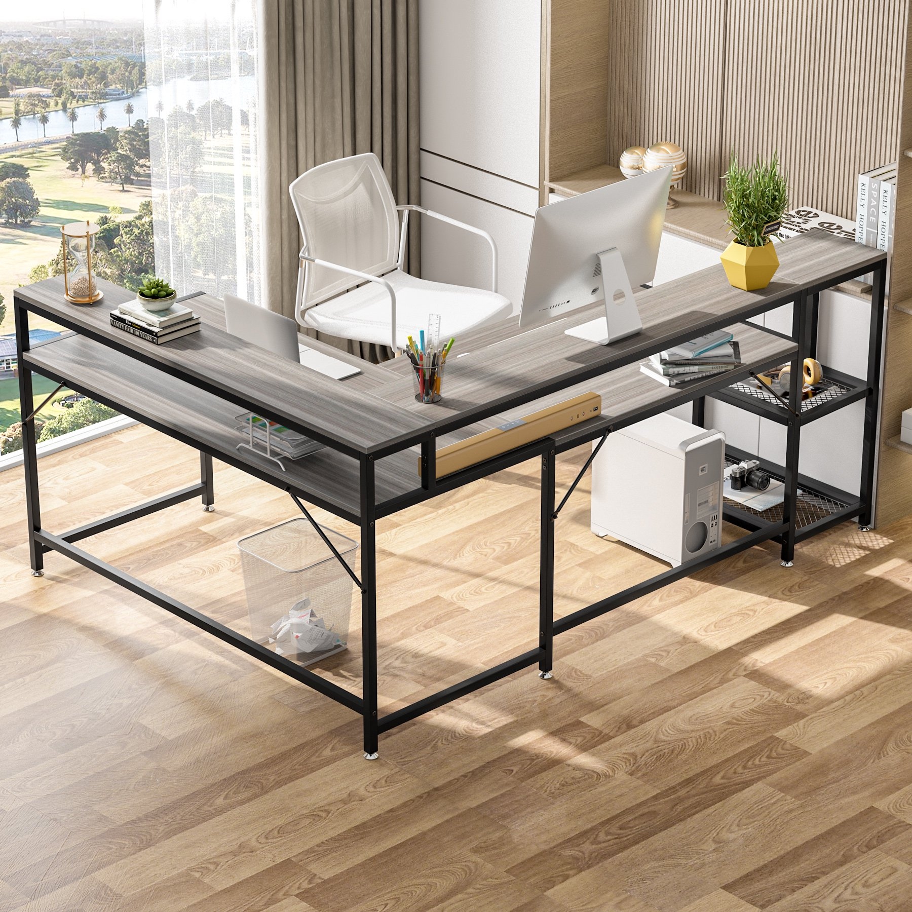 L Shaped Desk with Monitor Shelf Reversible Corner Computer Desk for Office Home 69