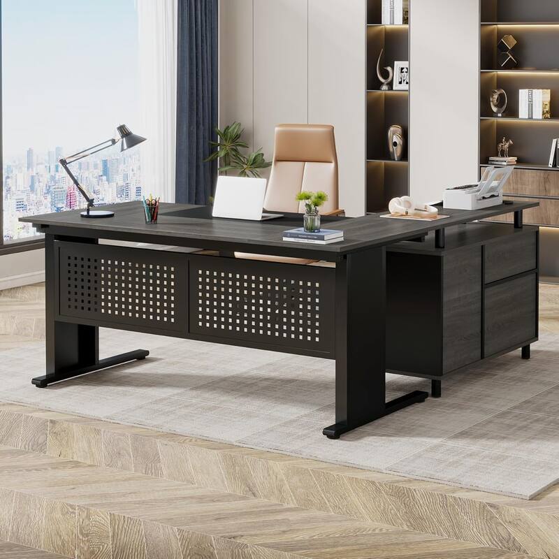 63" L-Shaped Executive Desk with File Cabinet in Gray and Black