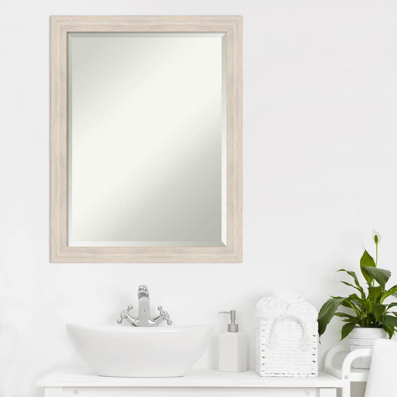 Beveled Wood Bathroom Wall Mirror - Hardwood Whitewash Narrow Frame - Hardwood White Wash Narrow