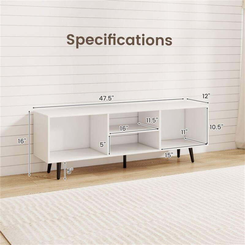 Modern White and Black TV Stand with Side Compartments and Middle Shelf Storage Console for TVs up to 55 Inches