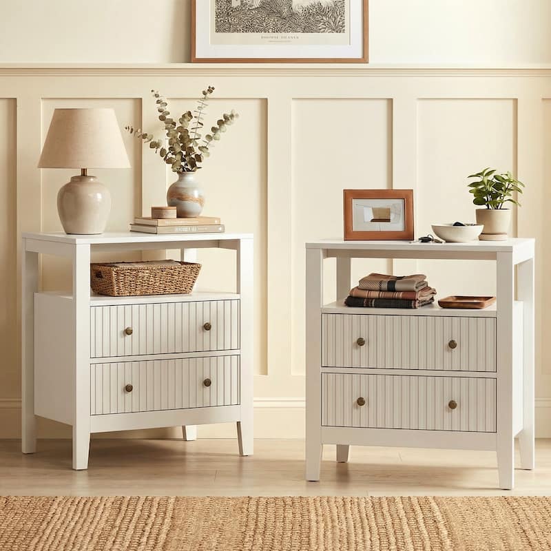 Fluted Nightstand Set of 2 with Charging Station - White