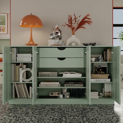 Palace Imports 100% Solid Wood 65" Sideboard with Solid, Frosted Glass Doors, 2-Drawers and Adjustable Shelves