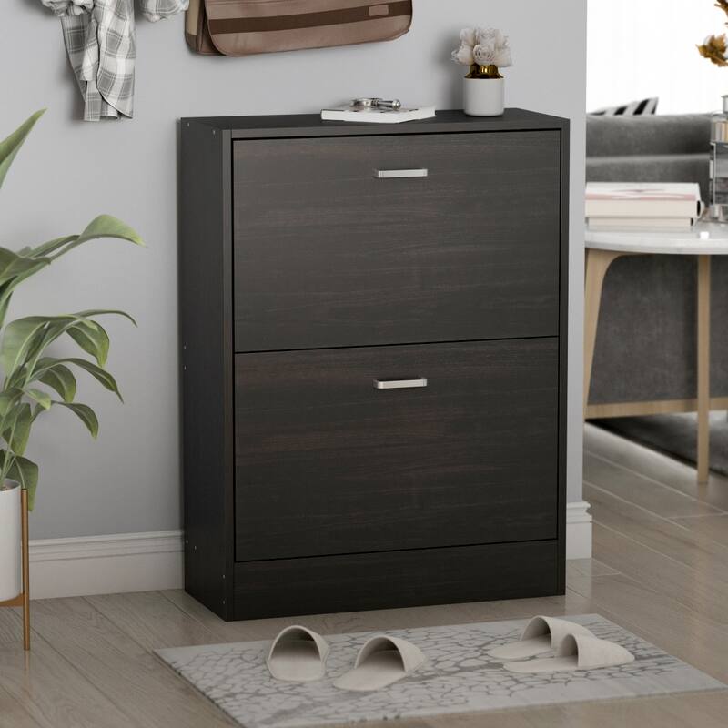 Timechee Black 2-Drawer Shoe Cabinet with 4-Tier Rack (Up to 12 Pairs)