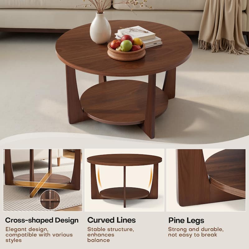 31.5" Round Coffee Table with Solid Wood Legs and 2-Tier Storage - 31.5"Dia x 17.72"H