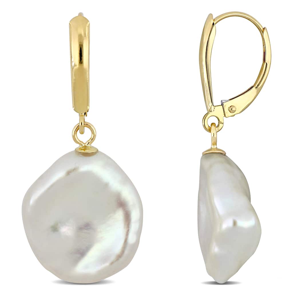 Miadora Cultured Freshwater Coin Pearl Solitaire Drop Leverback Earrings in 14k Yellow Gold