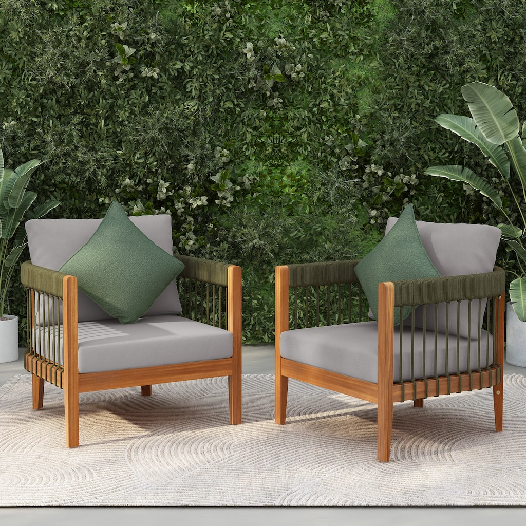 [Set of 2] Acacia Wood Outdoor Club Chair Handwoven Rope Curved Backrest Water-Resistant Porch
