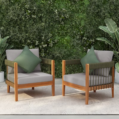 [Set of 2] Acacia Wood Outdoor Club Chair with Handwoven Rope Accents & Curved Backrest - Water-Resistant,Removable Cushions
