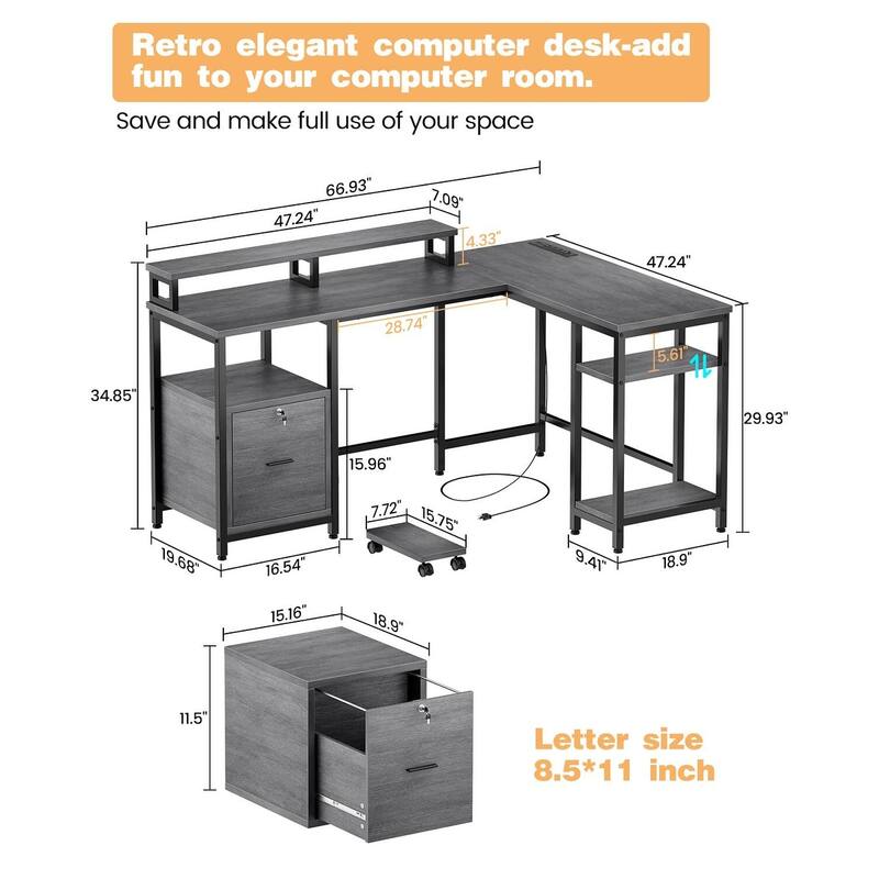 67" L Shaped Computer Desk with Power Outlet