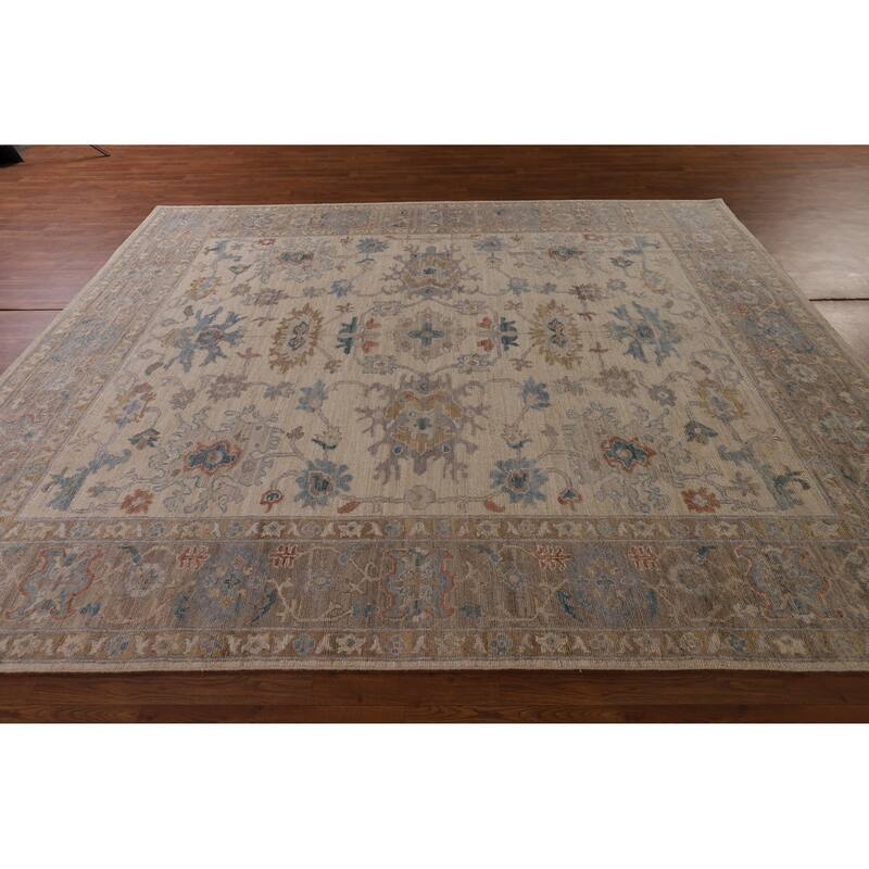 Beige Floral Oushak Vegetable Dye Area Rug Hand-Knotted Wool Carpet - 8'2" x 10'0"
