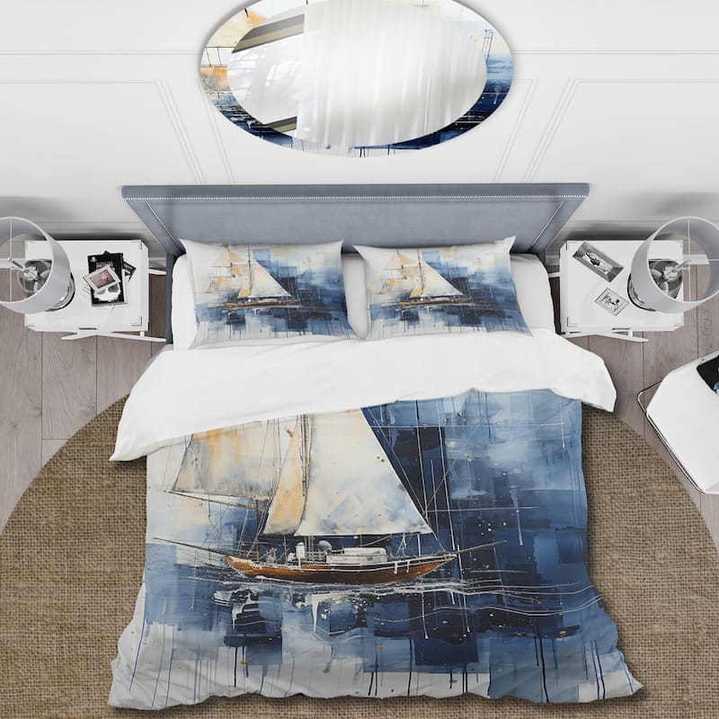 Designart "Blue and white Nautical Geometry boat" Coastal Minimalism Bedding Cover Set - Traditional Bed Set with Shams