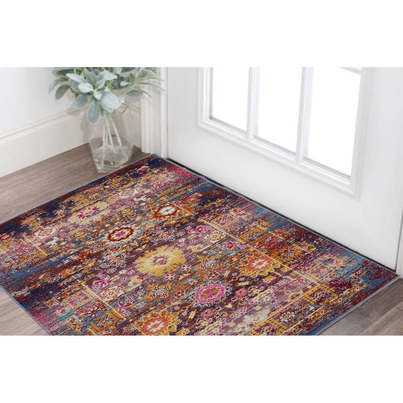 HomeRootsFloral Transitional Rectangle Area Rug - 48' X '24' X '0.5 - 48' X '24' X '0.5 - Blue/Yellow/Red