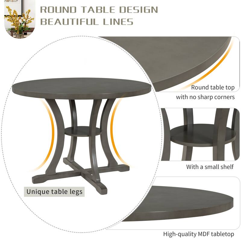 Round Dining Table with 4 Fabric Chairs, Storage Shelf and Unique Carved Design, Antique Blue/Dark Brown