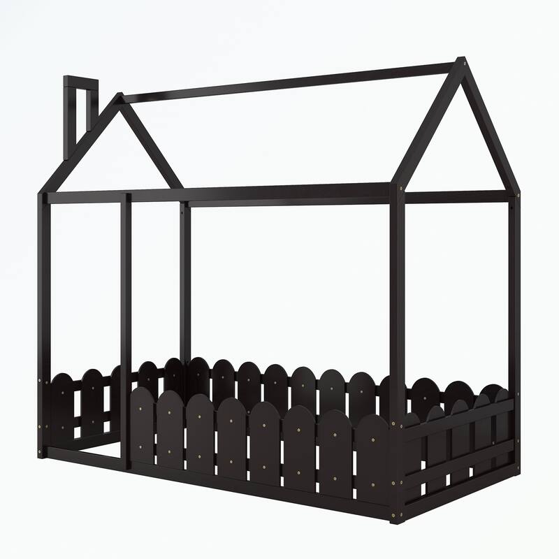 Twin Size Wood Bed House Bed Frame with Fence