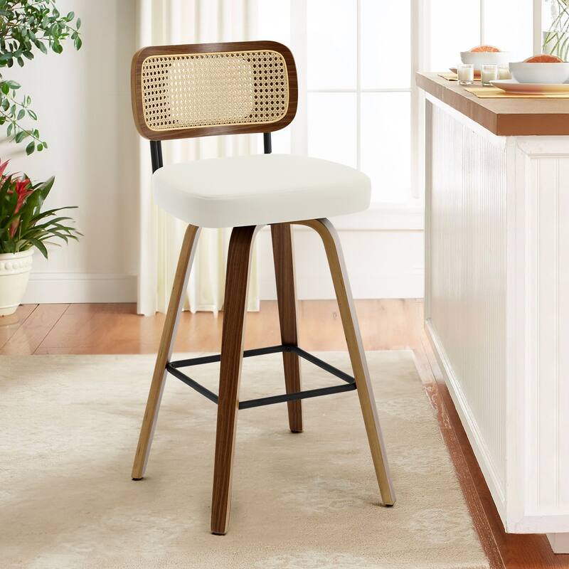 26"/29" Swivel Bar Stools/ Counter Stools with Bentwood Legs - Single - Cream White-Rattan Back - Bar Height
