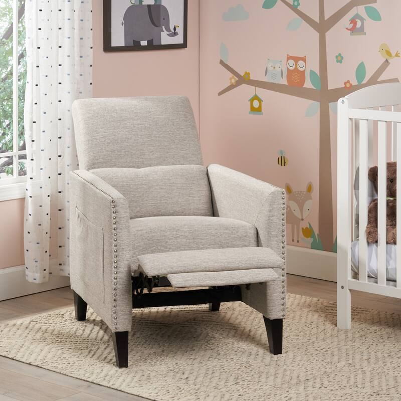 Light Grey Modern Fabric Push-Back Recliner with Footrest, Nailhead Accents, Birch Wood Legs