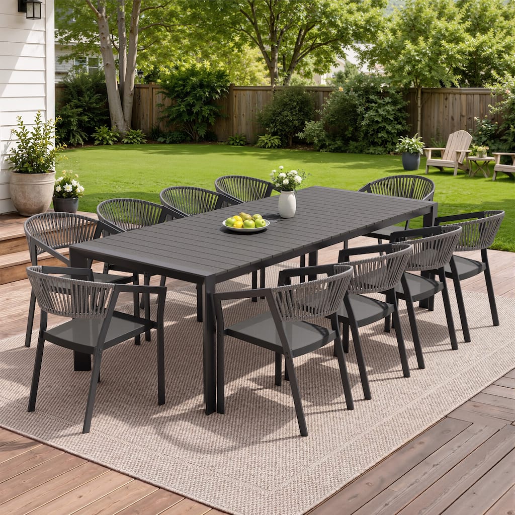 7/9/11-Piece Patio Dining Set Aluminum Table with Umbrella Hole and Wicker Stackable Chairs Set