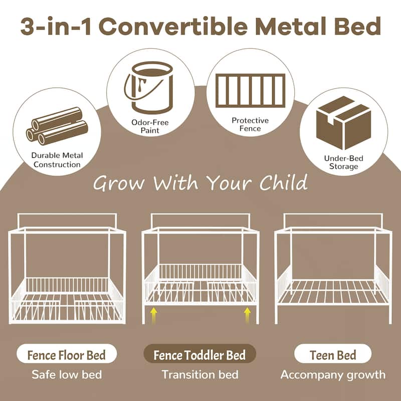 3-in-1 Convertible Montessori Metal floor bed,Fenced toddler bed with Sturdy Metal Slats Support