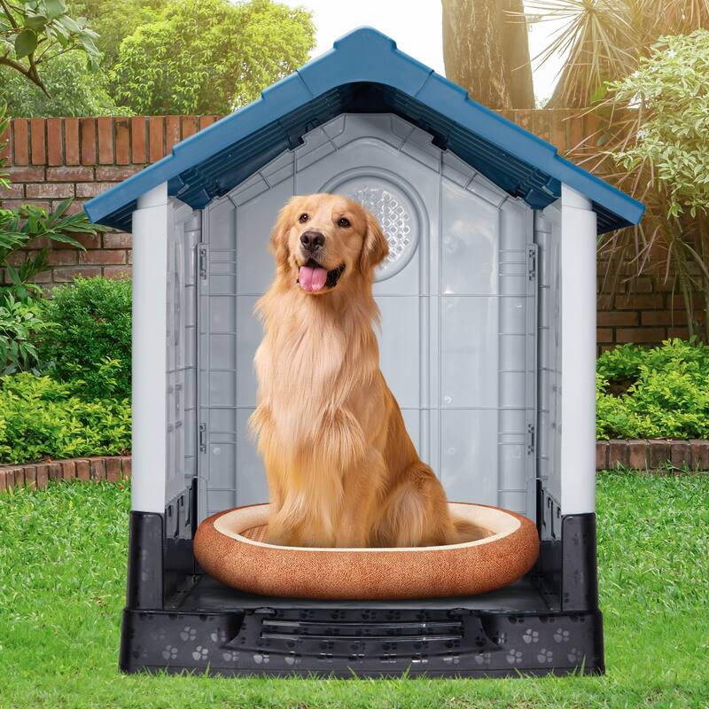Plastic Dog House with Air Vents, Elevated Floor, Insulated Outdoor Indoor Kennel for Small Dogs