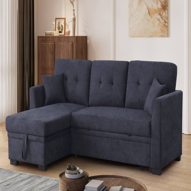 Dark Blue Sectional Sofa Bed, Space Saving, Wood Frame