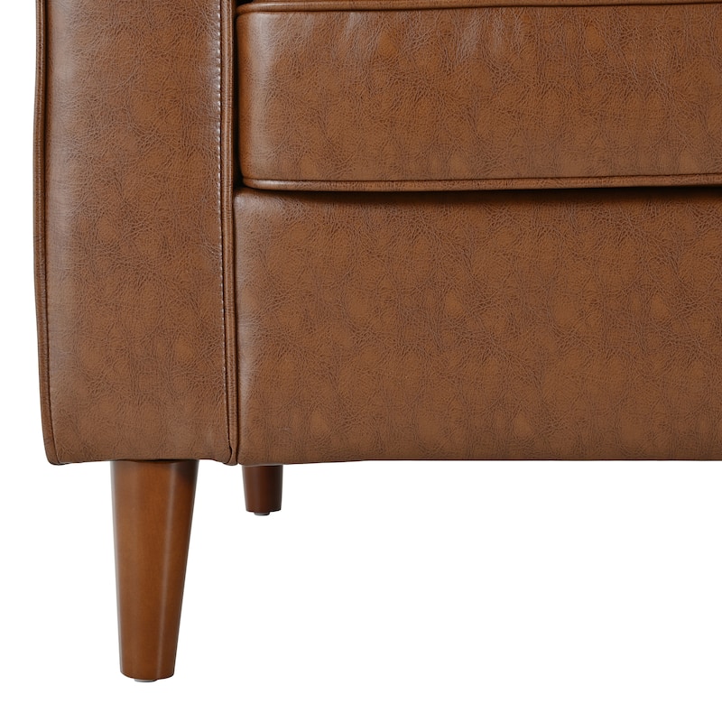 Mid-Century Modern PU Leather 3-Seat Sofa, Tufted Design, Solid Wood Legs, 2 Bolster Pillows, Comfortable sofa