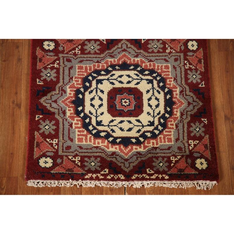 Red Geometric Kazak Indian Runner Rug Hand-Knotted Wool Carpet - 2'6"x 8'1"