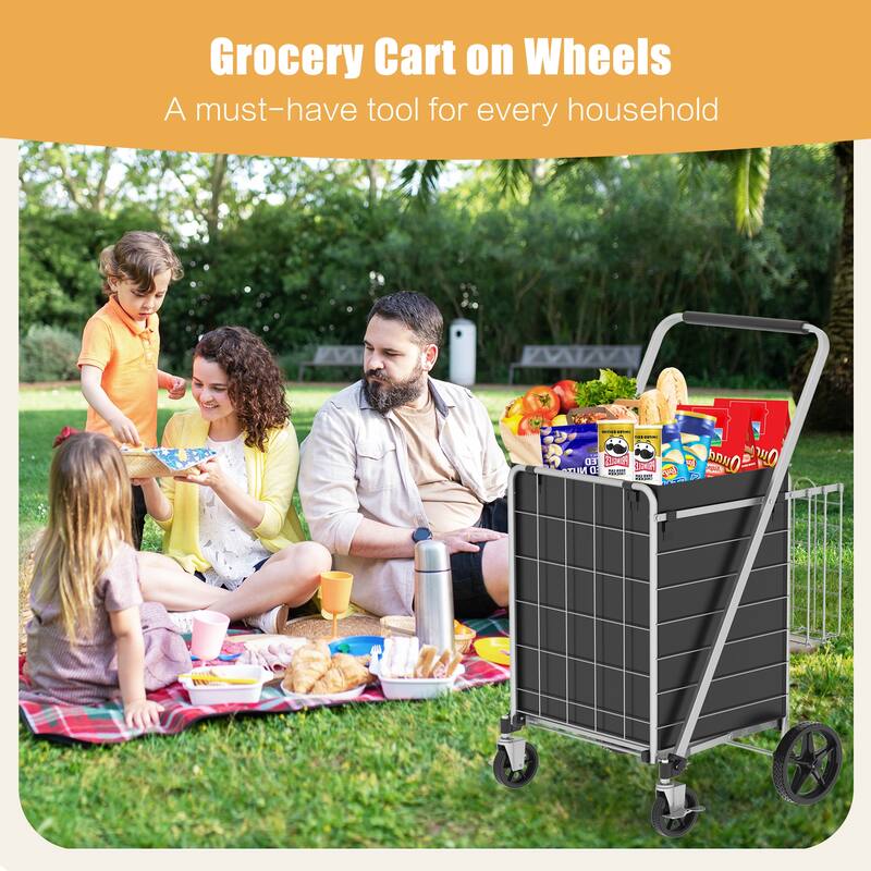Foldable Grocery Shopping Cart w/ Brake & Double Basket and 360 Rolling Swivel Wheels