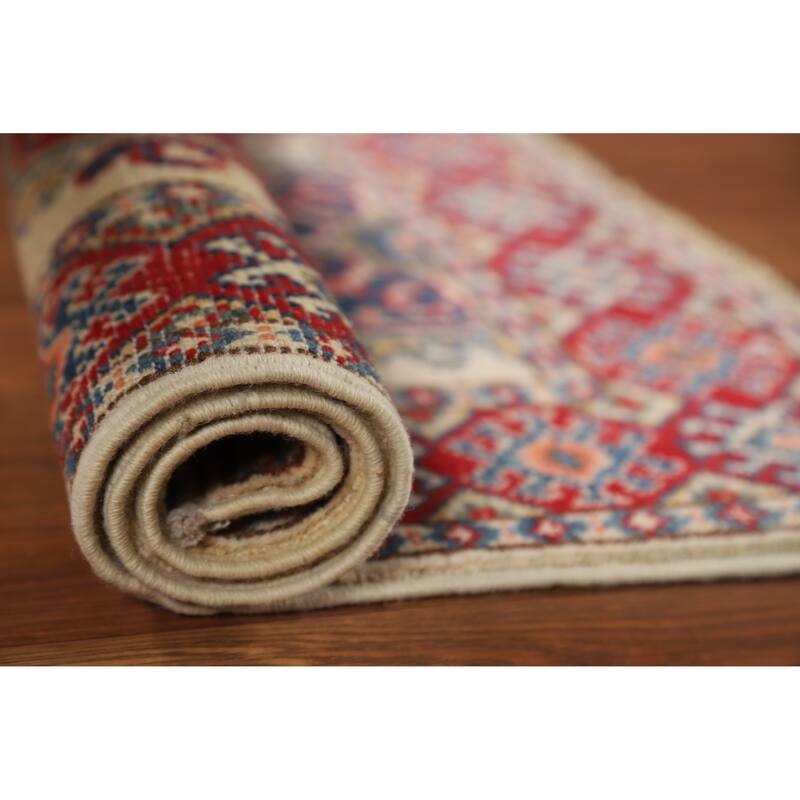 Geometric Kazak Foyer Rug Hand-Knotted Oriental Wool Carpet - 2'0"x 3'0" - 2'0"x 3'0" - Ivory/Beige