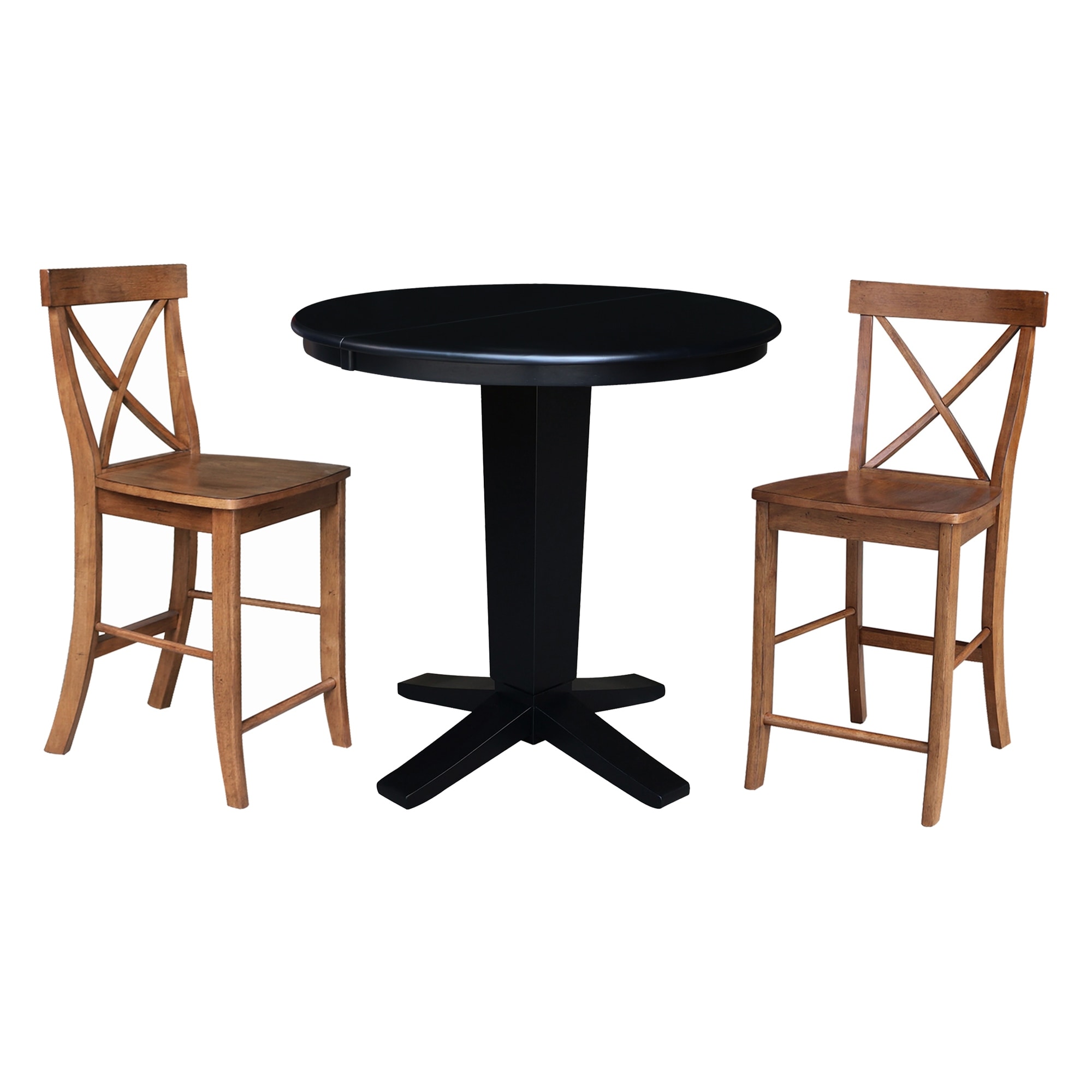 36 in Round Counter Height Extension Dining Table with 12 in Leaf and Stools - Black/Distressed Oak