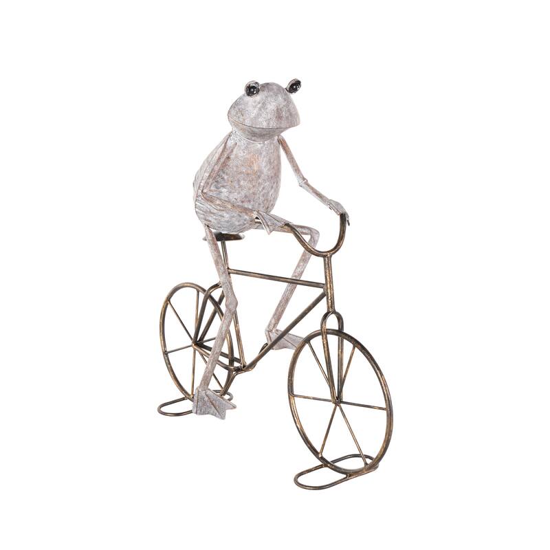 Metal Frog On Bicycle Garden Sculpture with Gold Accents - Green or Copper - Roche River Decor