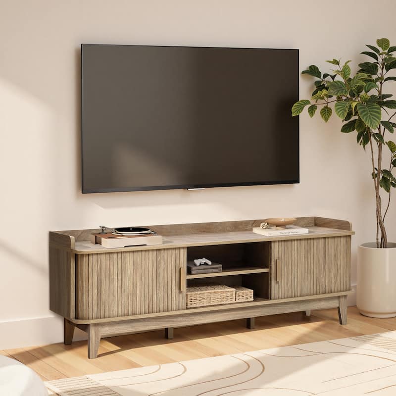 Mid-Century Modern Tambour-Style 2-Door TV Stand and Console with Raised Sides, Oak - 20.9" H x 63" W x 15.7" D