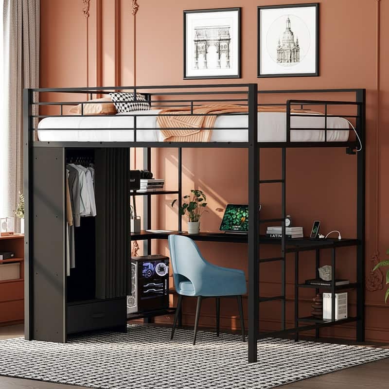 Metal Loft bed with Desk, Built-in Wardrobes,LED Light,Charging Sockets and Ladder