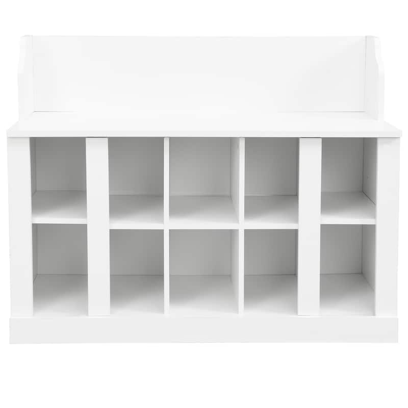 Roomfitters Shoe Storage Bench with Shelves and 4 Hooks, Elegant Hall Tree with Wall Mounted Coat Rack for Entryway